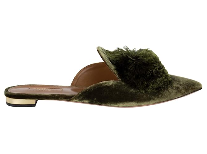 Aquazzura Powder Puff Pompon Mule Flat Verde