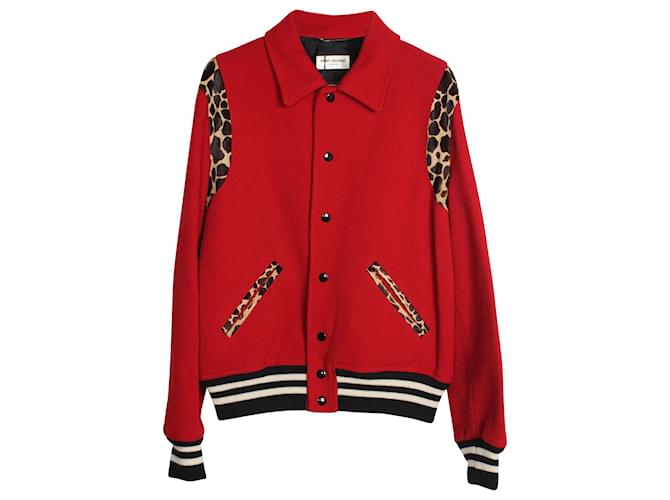 Saint Laurent Giubbotto Bomber Teddy Con Rifiniture Leopardate In Rosso Lana Vergine