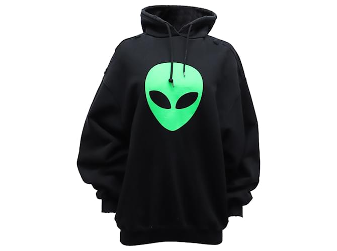 Balenciaga SS21 Felpa con cappuccio con logo alieno invecchiato in cotone nero