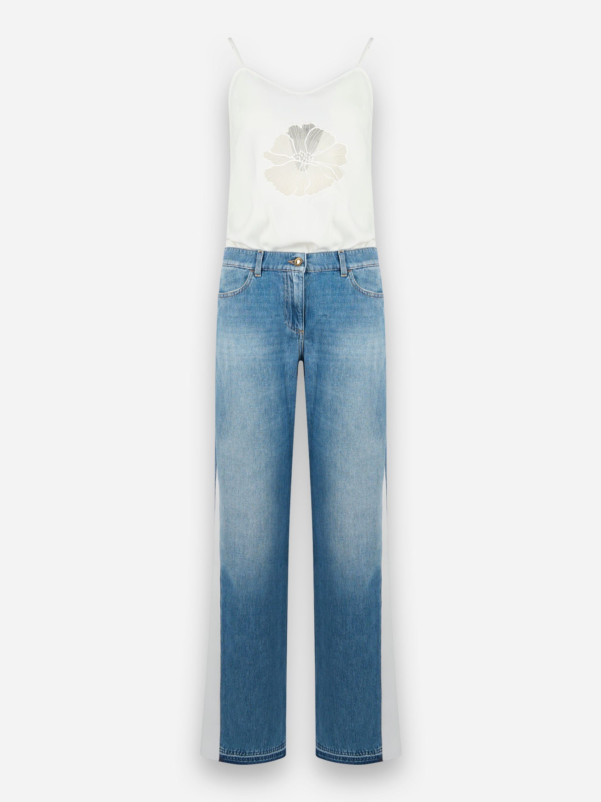 Tuta trompe - l'oeil in crepe e denim Bianco