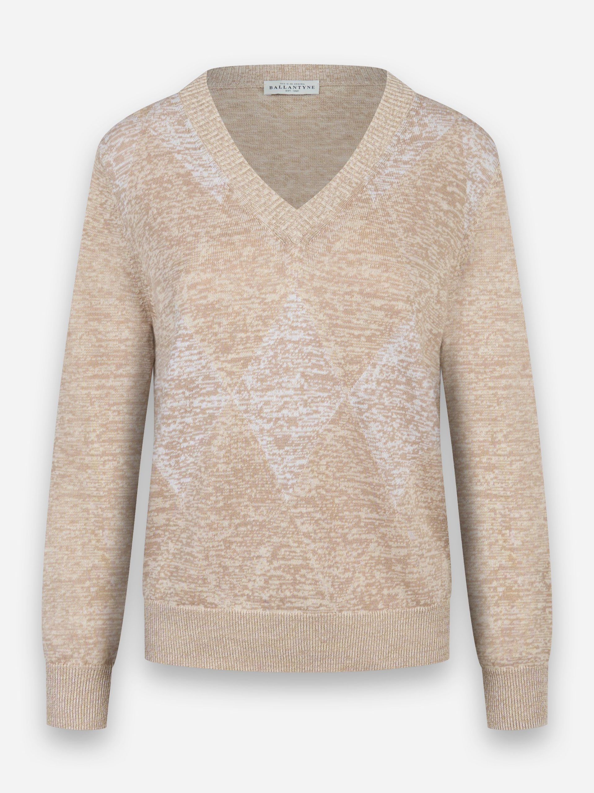Maglia scollo a v in cotone e lino e intarsio diamond Beige