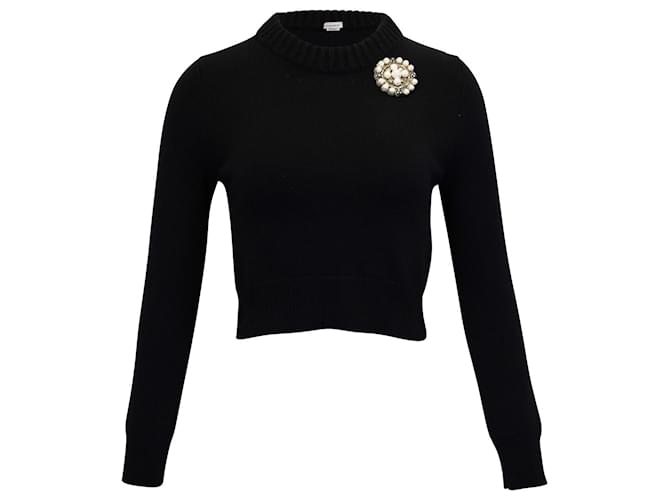 Maglione corto in maglia Alexander McQueen con spilla in cashmere nero