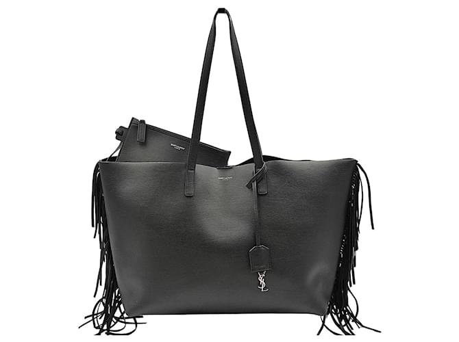 Borsa a spalla Saint Laurent Shopper tinta unita con frange Nero