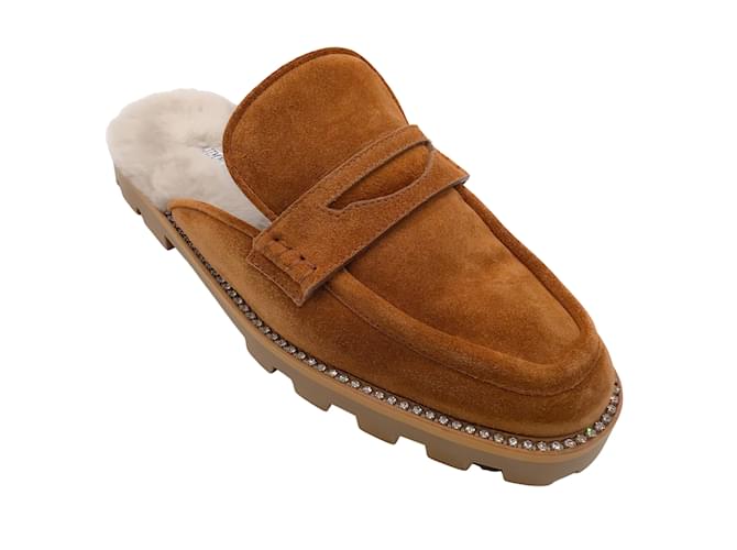 Jimmy Choo Ronnie Tan / Ciabatte piatte in morbido camoscio foderate in shearling impreziosite da cristalli naturali Cammello