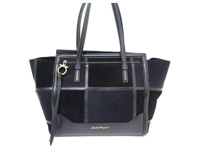 BORSA A MANO AMY PATCHWORK IN PELLE E CAMOSCIO NERA SALVATORE FERRAGAMO Nero