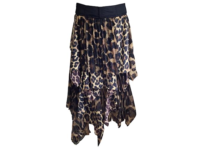 Sacai Tan / Marrone / Gonna longuette a strati con orlo asimmetrico stampato leopardo nero