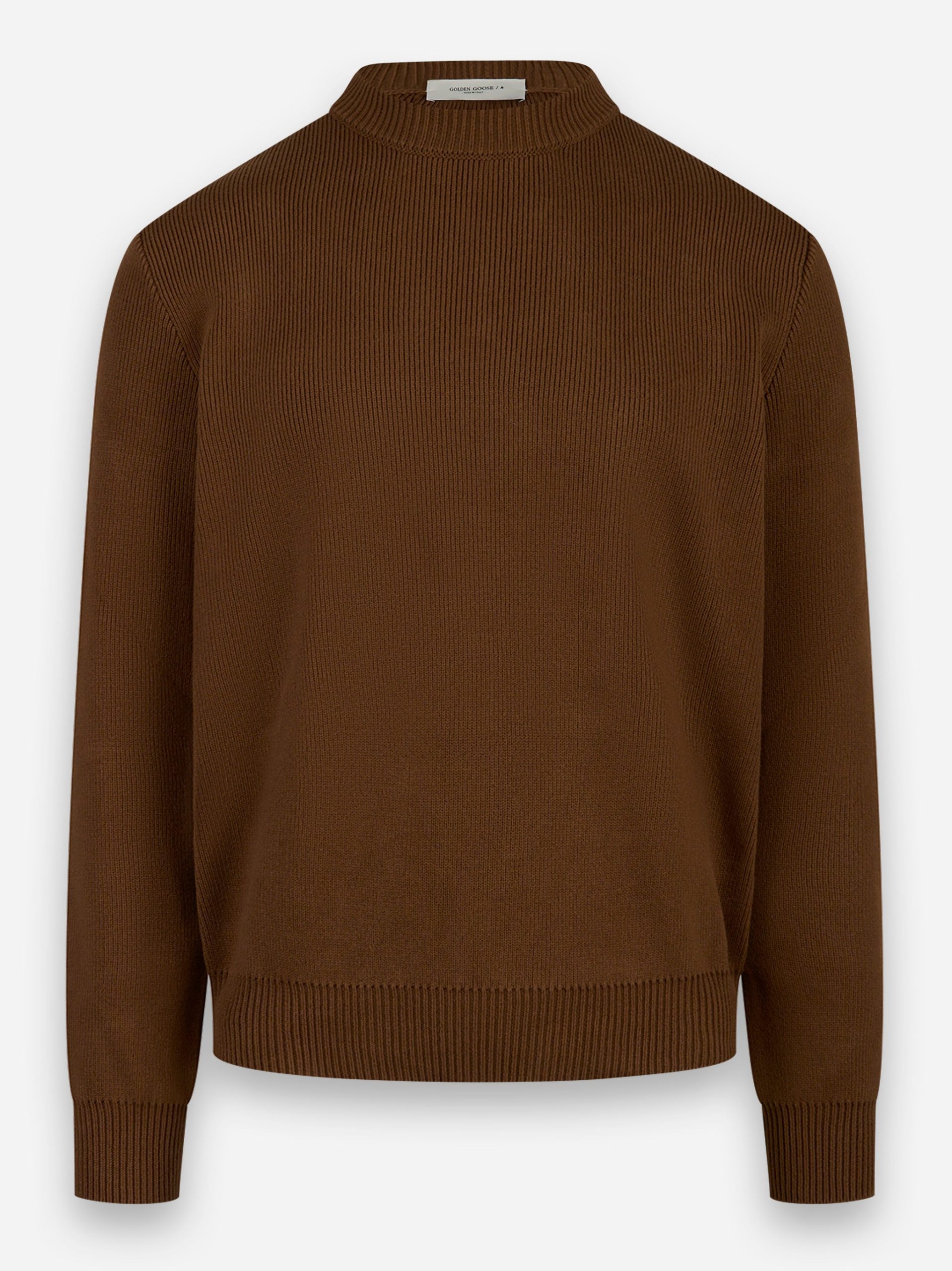 Maglia girocollo regolare di cotone con ricamo logo Marrone