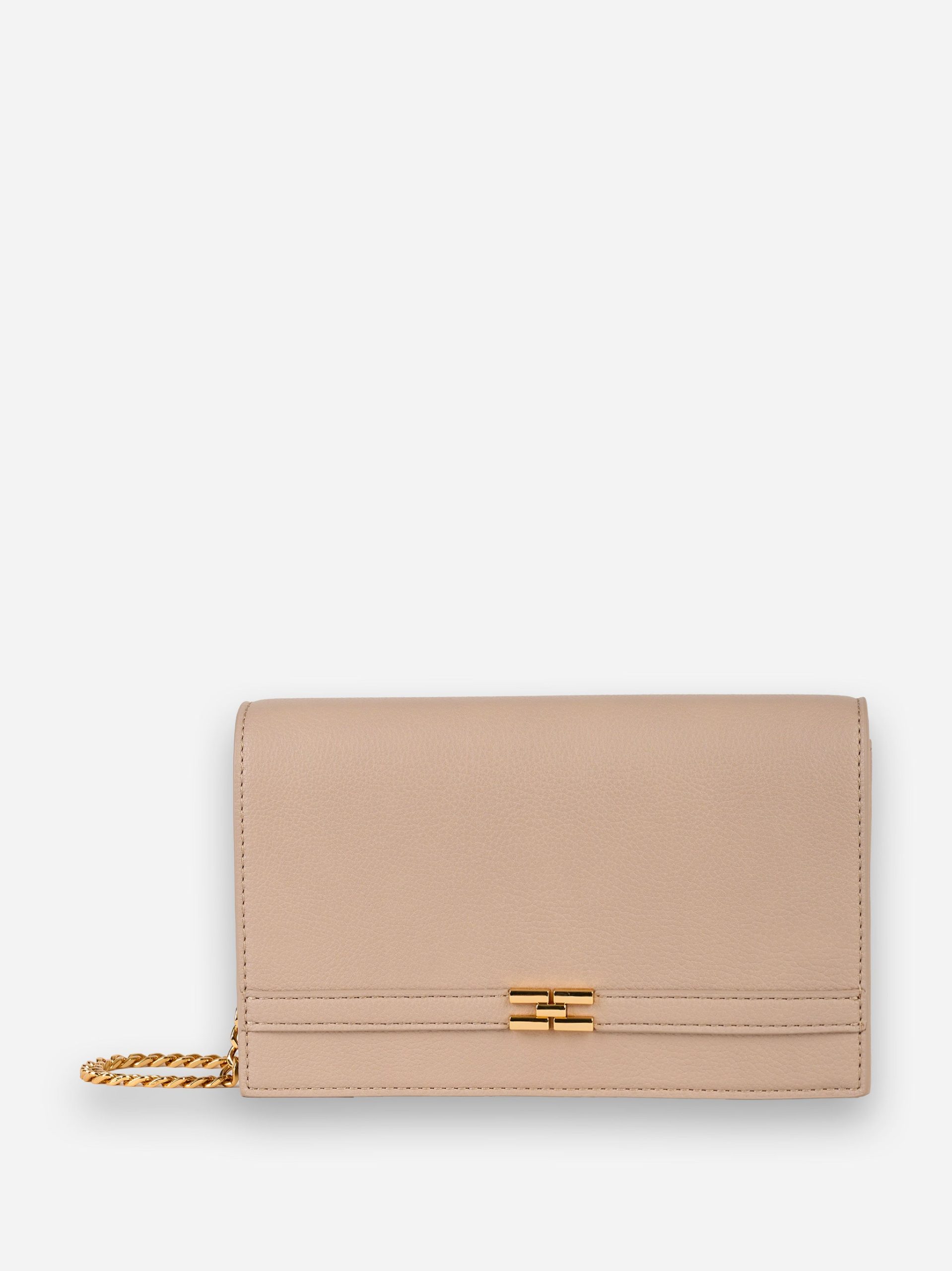 Borsa tracolla a catena, chiusura a patta con placca logo Beige