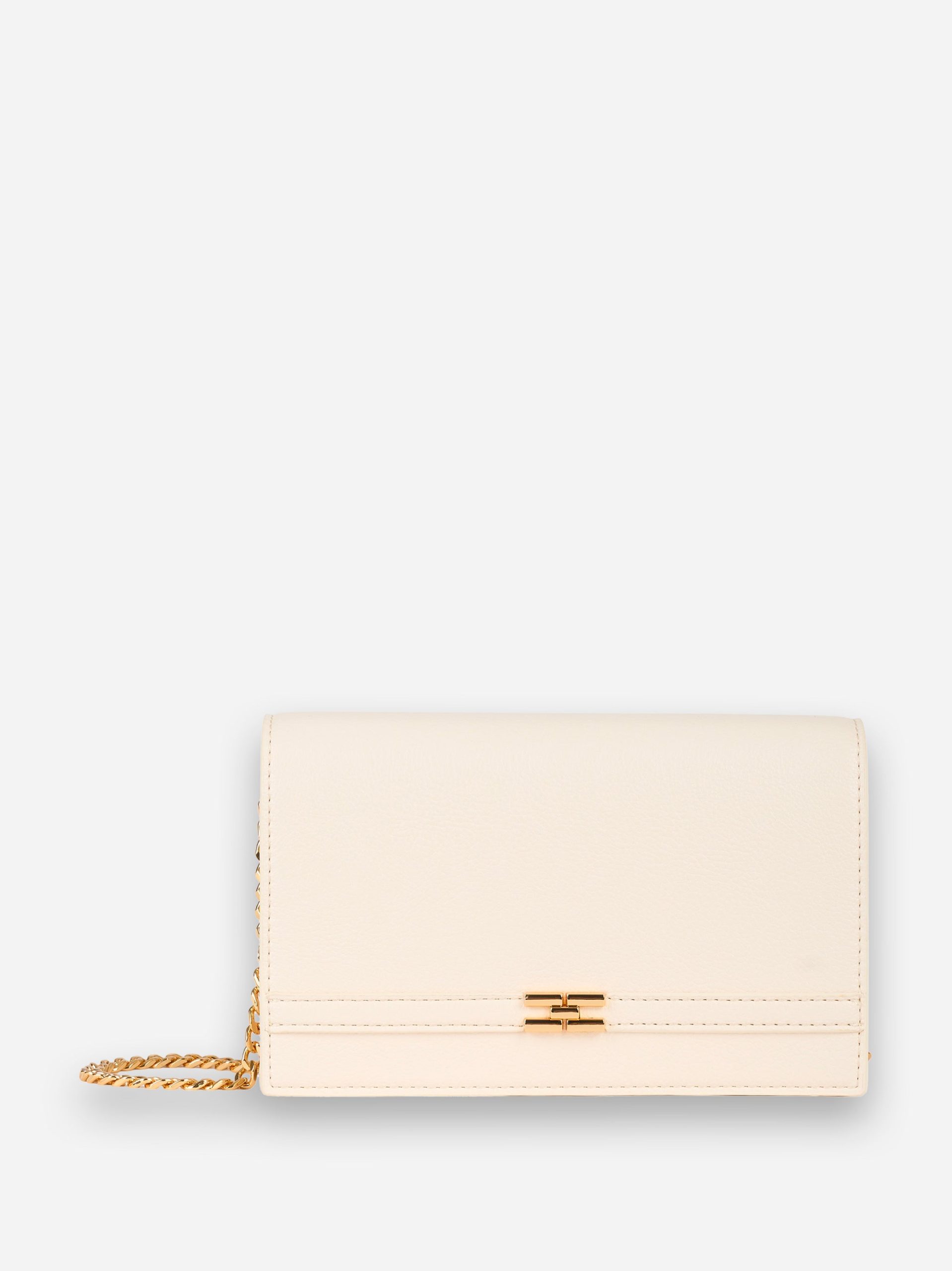 Borsa tracolla a catena, chiusura a patta con placca logo Bianco