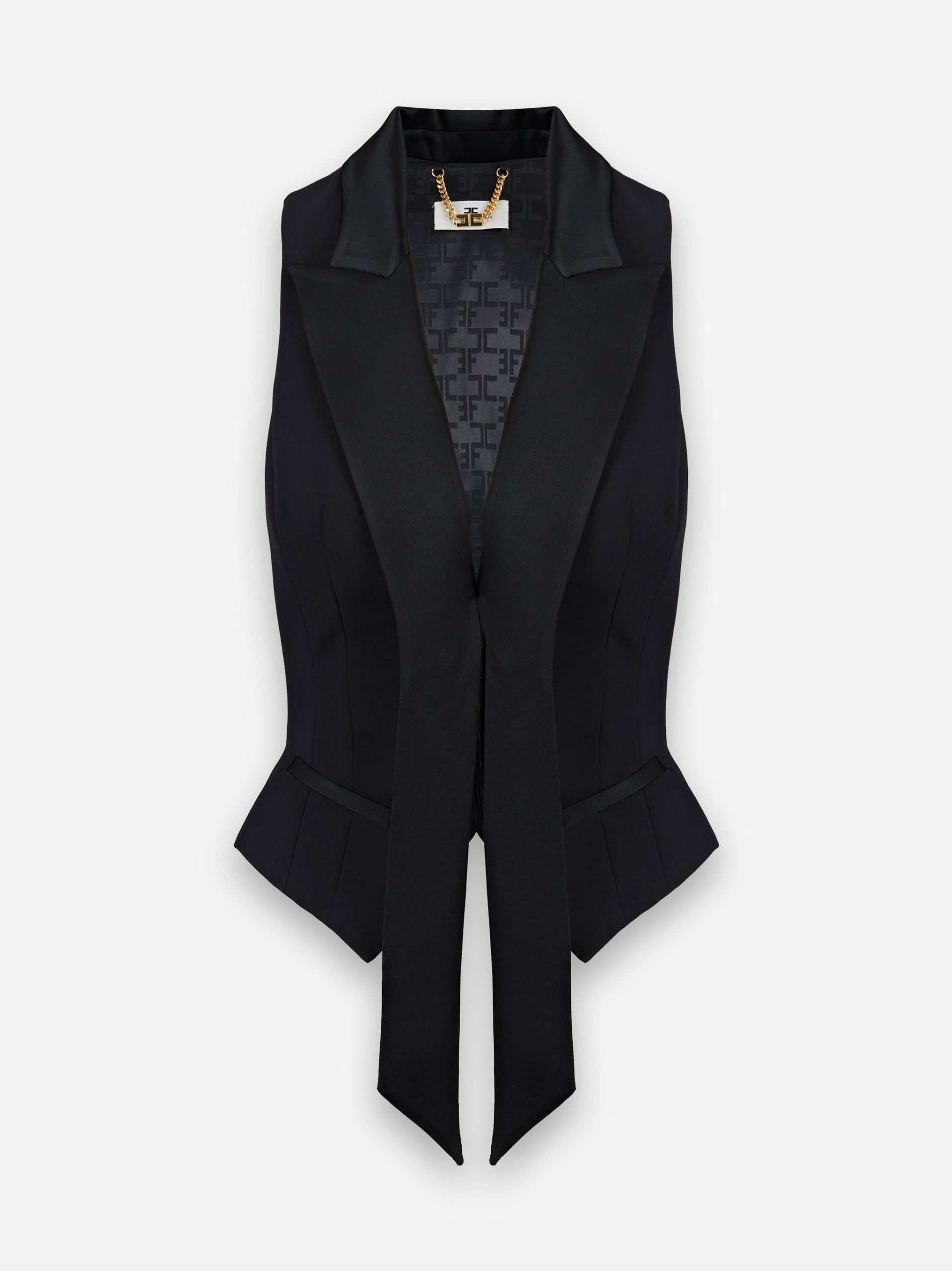 Gilet smoking in crepe con rever in raso Nero