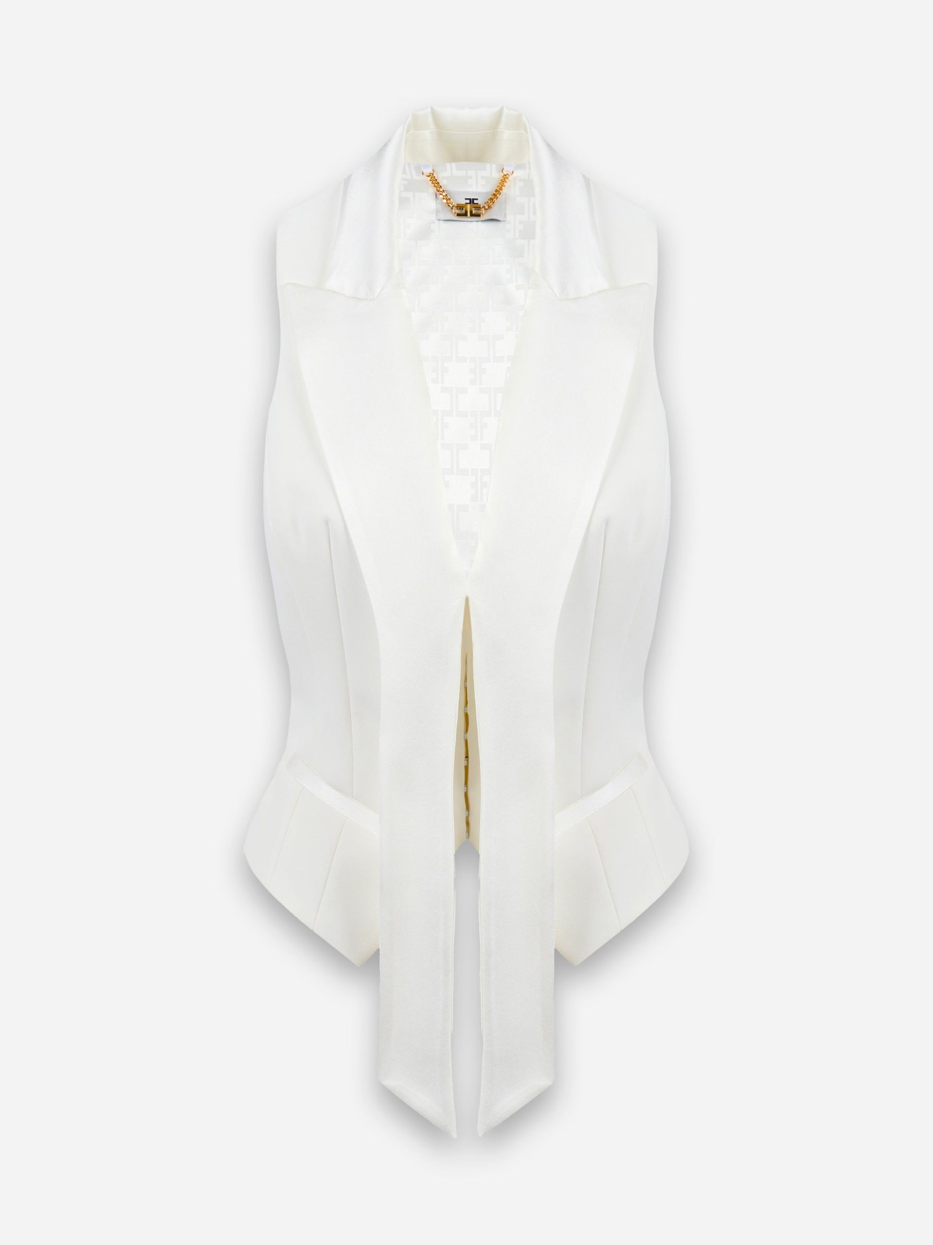Gilet smoking in crepe con rever in raso Bianco