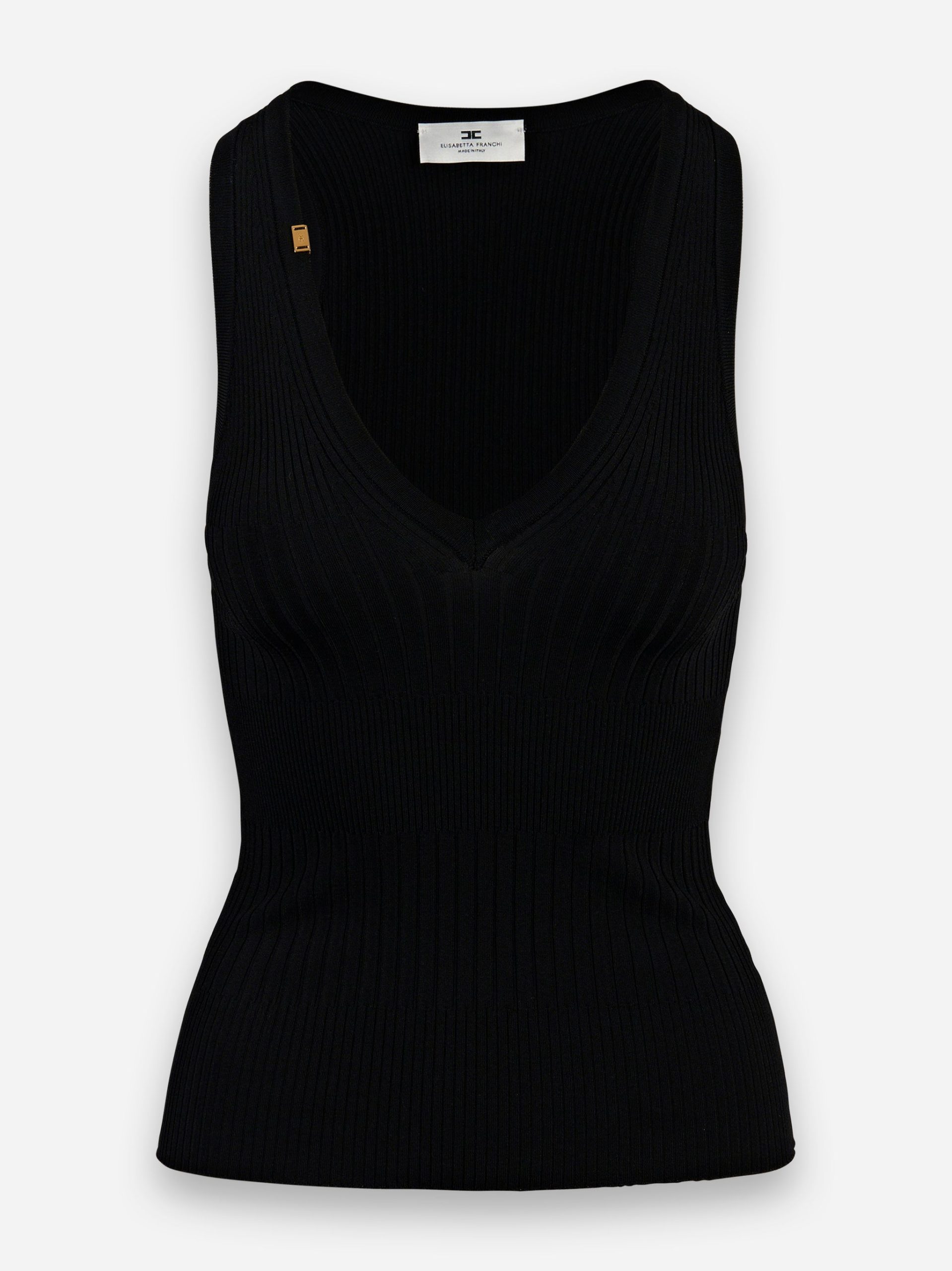 Top a coste con scollo a V Nero