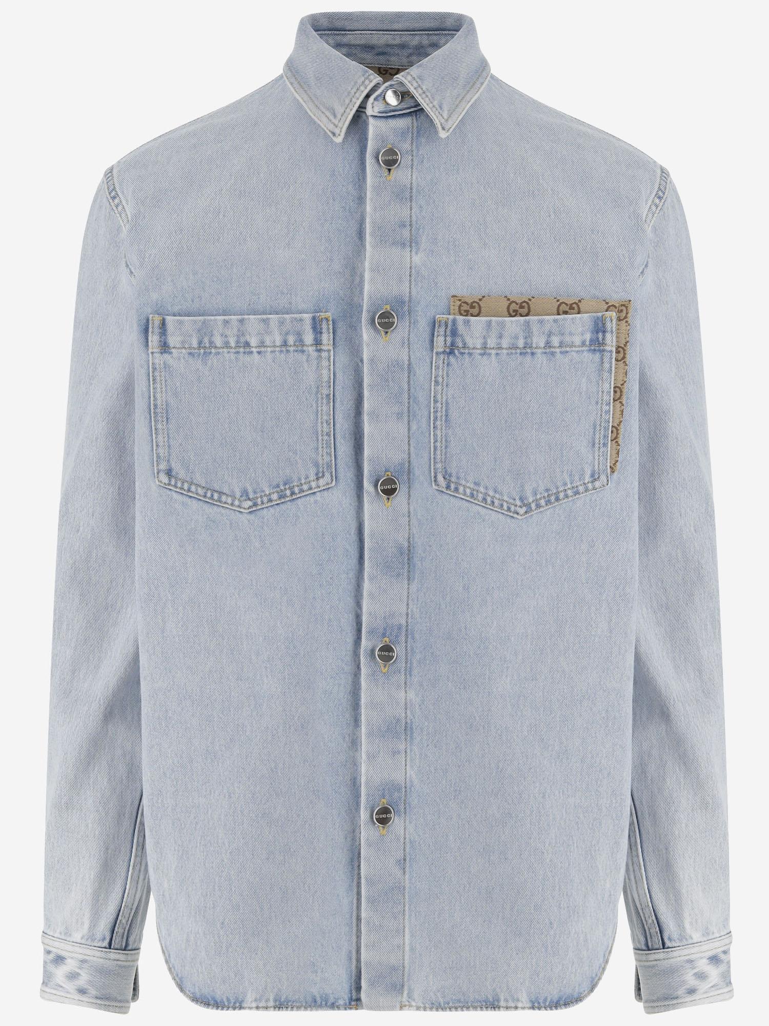 Camicia in denim délavé con inserto GG